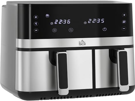 HOMCOM Friteuse à air sans huile dual zone air fryer 8,5 L - 2700 W - 8 programmes, écran LED tactile, température réglable, minuterie, 2 paniers antiadhésif, finition de synchronisation, recette