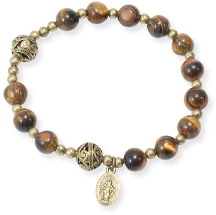 Nazareth Store Stone Beads Rosenkransarmband med metallavskiljare och katolsk medalj - hållbara och eleganta handledssmycken (Tigeröga | Mirakulös)