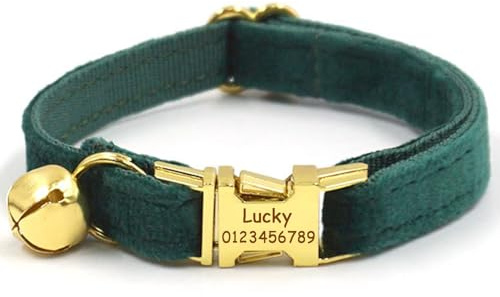Personalisiertes Katzenhalsband mit Namensschild, verstellbares Samt Katzenhalsband mit Glocke, Haustier Halsband mit Name Telefonnummer Gravierte ID Tags (Christmas Green)