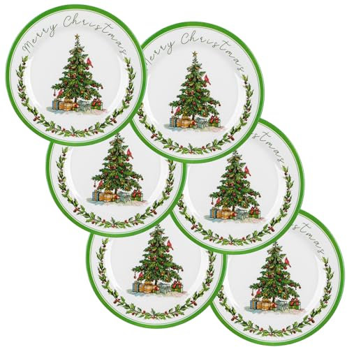 LOYIM 6 Pcs Christmas Melamine Plates Dinner Salad Plates Xmas Tree Dinnerware Xmas Wreath Dishes Holiday Tableware for Dessert Salad Appetizer Birthday Party(Christmas Tree,10 Inches)