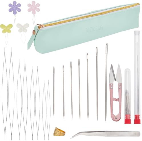 SUNNYCLUE 1 boîte 58 pièces Kit D'Aiguilles à Coudre à Gros Chas Aiguilles à Perles pour Tapisserie Aides à Broderie à la Main Perles de Rocaille Aiguilles à Enfiler Ciseaux Kits de Dé à Coudre pour l