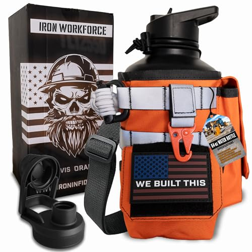 Iron Infidel Workforce Water Bottle - 64 oz Insulated Stainless Steel | Half Gallon Vacuum Water Jug | Paracord Handle, Removable Sleeve | Large Thermal Flask | Hiking, Camping, Workouts (Orange)