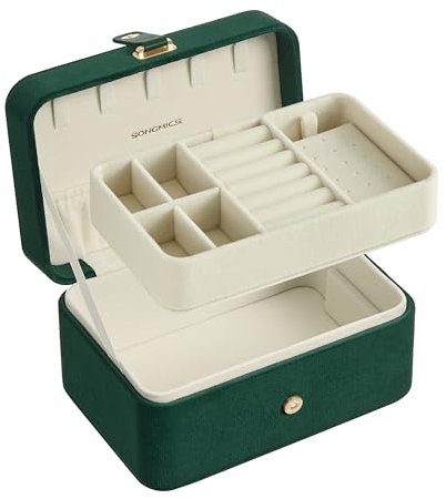 SONGMICS Jewellery Box, 2-Layer Jewellery Storage, 11.6 x 16 x 7.5 cm Travel Jewellery Box, Portable Jewellery Case, Small, Spacious, for Larger Accessories, Gift Idea, Retro Green JBC166C04