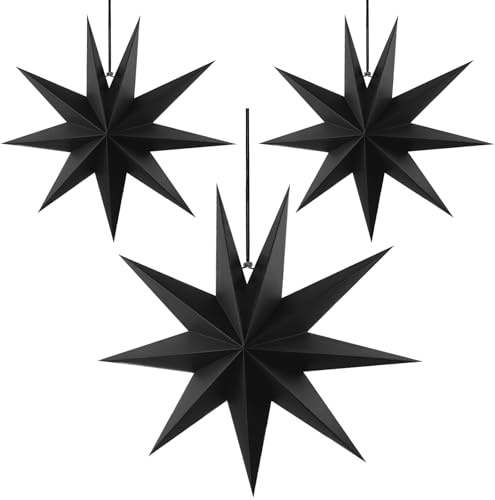 CNMTCCO Set of 3 Black Paper Stars 30cm – Foldable 3D Christmas Decoration for Windows, Walls and Parties – 9-Pointed Star Ornaments for Christmas, Weddings and Festive Events (Black, 3-Pack)
