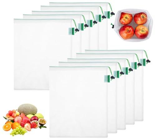 10 Pcs Reusable Produce Bags, 35 * 30 cm Washable Drawstring Mesh Bags | See-Through Lightweight Eco-Friendly for Grocery Vegetables Fruits Household Travel Home