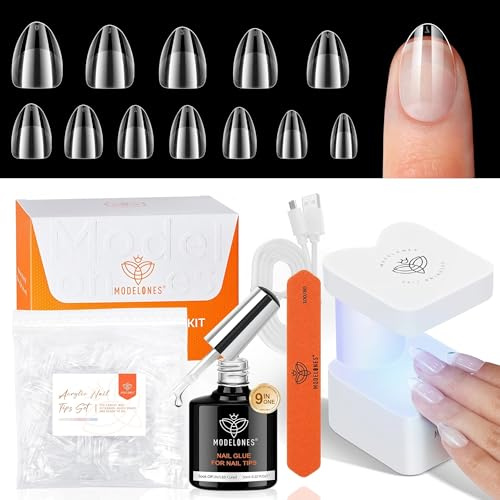 modelones Nageltips and Glue Gel Kit, Extra kurz Almond Full Cover Nail Tips Set, 9 in One Nagelkleber & Uv Lampe Klein, 216 Pcs 12 Größen Nagel Tips Set für Nagelverlängerung DIY Salon Geschenke