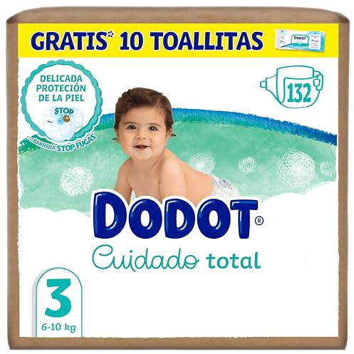 Dodot Pañales Bebé Cuidado Total Talla 3 (6-10kg), 132 uds + 10 Toallitas | Protección delicada para la piel del bebé, incluye 10 toallitas Aqua Pure de regalo, suavidad diaria