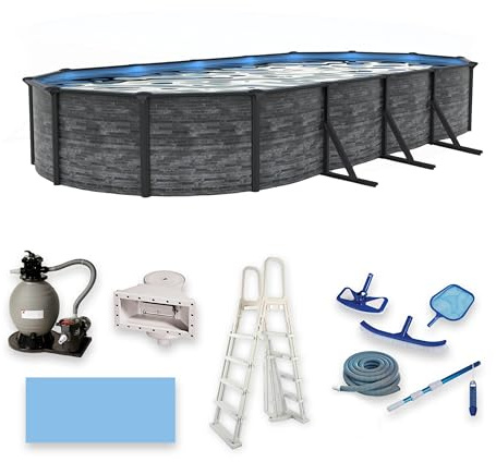 Blue Wave Marbella 12-ft x 24-ft Oval 52-in Deep Above Ground Swimming Pool – Steel Wall & Top Rails, Sand Filter, Skimmer, Liner, A-Frame Ladder & Maintenance Kit – Complete Outdoor Pool Accessories
