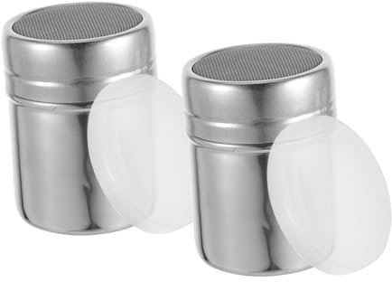 OUNONA Stainless Steel Powder Shaker with Fine Mesh Sifter and Lid, 2pcs Flour and Sugar Dispenser Canisters for Baking, Cooking and Coffee Dusting in Kitchen