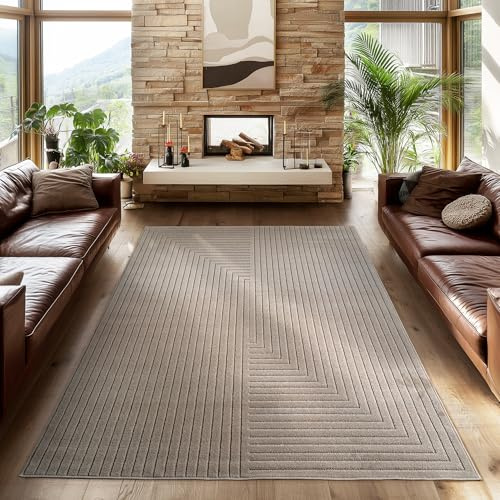 SIMPEX Kurzflor Teppich 160x230 cm Beige Wohnzimmer, Schlafzimmer, Küche, 3D Hoch-Tief-Effekt, Skandinavisch Boho Motiv, für Outdoor Bereich geeignet Terrassen oder im Balkon