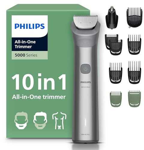 Philips Multigroom série 5000 Tondeuse tout-en-un 10 accessoires – tondeuse pour barbe, cheveux et corps, lames en métal auto-affûtées, 11 hauteurs de coupe (0,5-16 mm), modèle MG5918/15