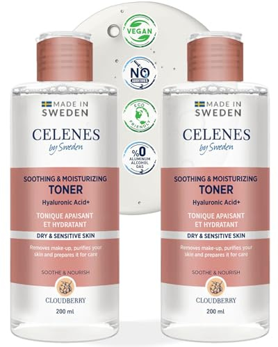Celenes By Sweden Toner Visage Apaisant & Hydratant, Lot 2x200Ml - Lotion Visages Pour Les Peaux Sèches Et Sensibles, Tonique Visages Sans Alcool Avec L’Acide Hyaluronique & De L’Extrait De Camomille