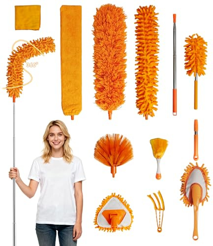 12Pcs Microfiber Extendable Dusters for Cleaning: 30''-120'' Long Pole Cleaning Tools Gap Brush Feather Flat Dusters for Cleaning Under Appliances Blind Cobweb Spider Web High Ceiling Fan Car Window