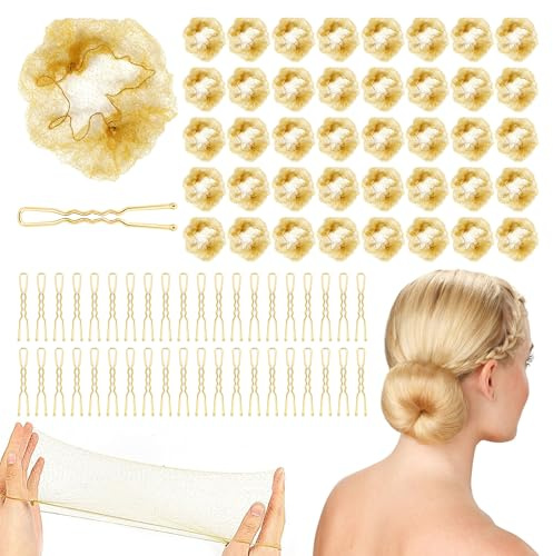 80-teiliges Haarnetz-Set, 40 Duttnete, blond und 40 Duttnadeln, blond, unsichtbar, elastisch und dehnbar, Haarnetze und Nadeln für Dutt, Ballett, Mädchen, Kinder, Damen