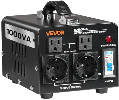 VEVOR Convertidor de Voltaje, 1000 VA, Transformador Elevador/Reductor, Convierte de 110 V a 220 V y de 220 V a 110 V, con Tomas de Corriente de EE. UU. y UE, Cable de Alimentación y Disyuntor