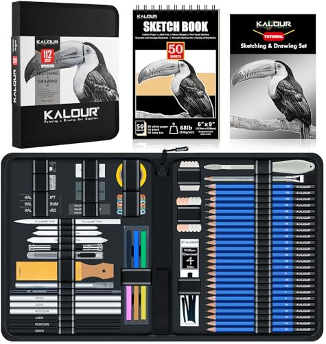 KALOUR PDAS 112 Set da disegno con quaderno da disegno a 3 colori, matite in grafite e carboncino, kit artistico per artisti, adulti, adolescenti e principianti, ideale per ombreggiare e sfumare