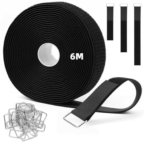 HOTUT Bridas Reutilizables para Cables de 6m x 3.8cm con 25 Hebillas, Ajustables de Nylon con Gancho y Bucle, Cortables a la Longitud Deseada, Cintas de Sujeción para Organizador Management de Cables