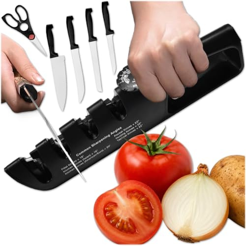 KRUMAD Messerschärfer Profi 4 in 1, Knife Sharpener, Messer Schärfen | mit Winkeleinstellung 14°-24°, 3-Stufig, Rutschfest Griff, Keramik, ABS, Schleifprozess, für Küchenmesser und Schere