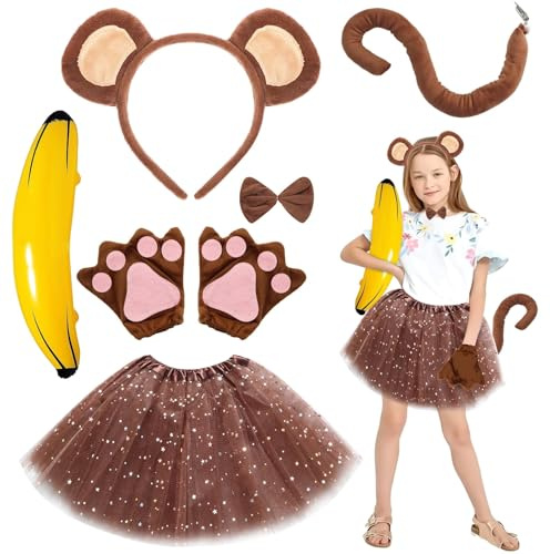 Luyuttn Costume da Scimmia 6 Pezzi,Costume da Animale,Coda,Fascia,Tutu,Accessori a Forma di Banana,Papillon,Accessori di Scena per Carnevale,Festa,Palcoscenico