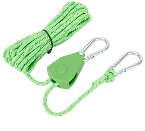 Jonikuper 4m Adjustable Nylon Lanyard with Stainless Steel Pulley Hook for Tent and Canopy Rope Hanging, Secure Non-Slip Fast Locking System with Carabiner for Camping, Hiking, Outdoor(Green)