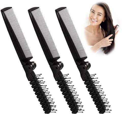 3 Pcs Folding Hair Brush and Comb, Plastic Travel Hair Brush, Portable Pocket Hairs-Brushes for Men Women, Double Headed Comb Hairdressing Tools for Thick and Thin Hairs (Black)