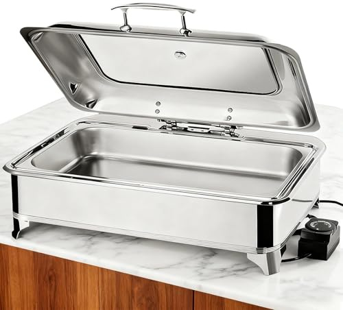AOCAY Chafing Dish Elektrisch 9L, Elektrischer Speisenwärmer mit Glasdeckel | Kommerziell Wärmebehälter für Speisen Buffet und Partys, Buffetwärmer Elektrisch Einstellbarer Temperatur 30-85℃ (FYLL PAN)