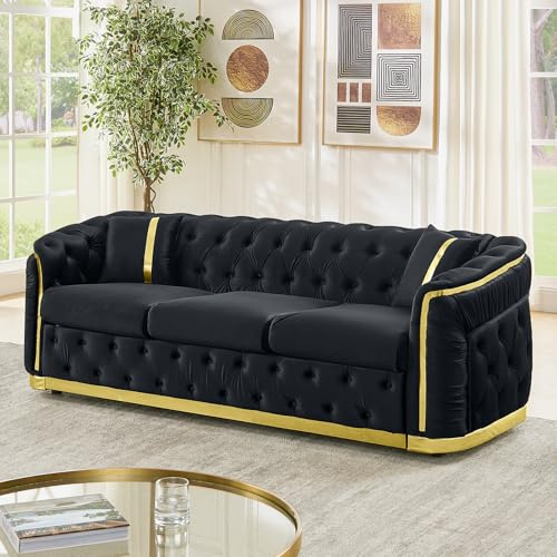 WIN FORCE 84.6 Mid Century Modern 3 Seater Chesterfield Sofa Couch, Black and Gold Couch Velvet Button Tufted Luxury Couches for Living Room with Golden Decor & 2 Pillows, Black