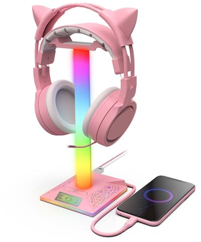 lvifloae Pink RGB Gaming Headset Stand for Girl, Headphone Holder with 10 Lighting Modes & USB Charging Port Fit for Gamer Desktop Table Game Earphone Accessories