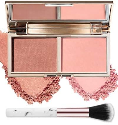 Palette de blush en poudre, 2 couleurs rose mat pour joues, longue durée, haute pigmentation mélangable, palette de contours, fard à joues avec miroir et pinceau, kit cadeau de maquillage pour femme