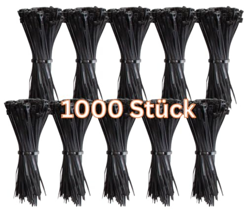 Gocableties Black Cable Ties, 200mm x 2.5mm, Bulk Pack of 1000, 8” Premium Nylon Zip Ties, Multi-Purpose Plastic Tie Wraps, Secure Self-Locking Mechanism, for Home, Garden, Office and DIY