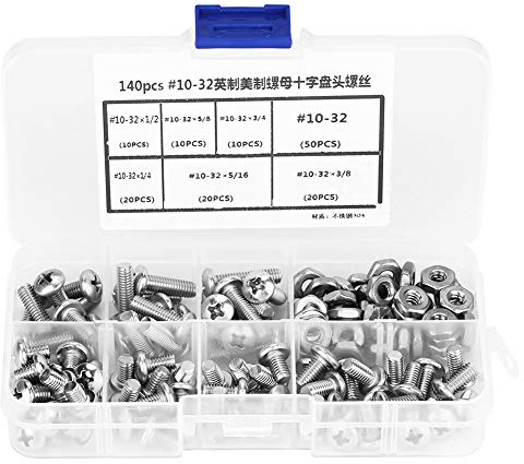 140pcs #10-32 304 Screws and Nuts, Stainless Steel Pan Head Screws Kit Assortment Set Repair Tool Accessory