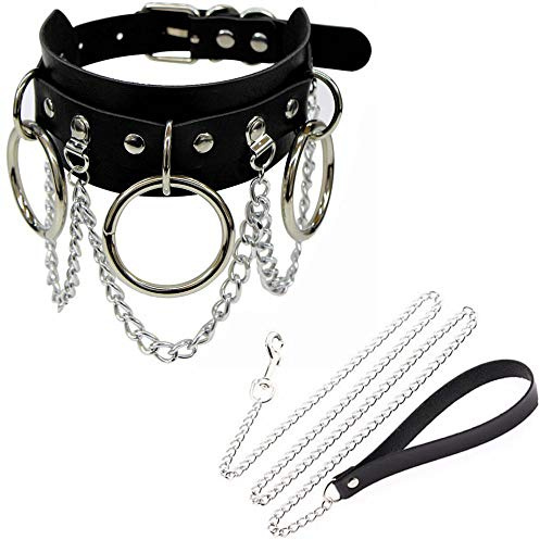 Kiwochy Breit Lederhalsband Halskette Damen Leder Choker mit Leine Ketten O Ring Metall Ring Halsband Lederhalsband Gotik Punk Lederhalsband Choker Spike Niete Kragen Halsketten Männer