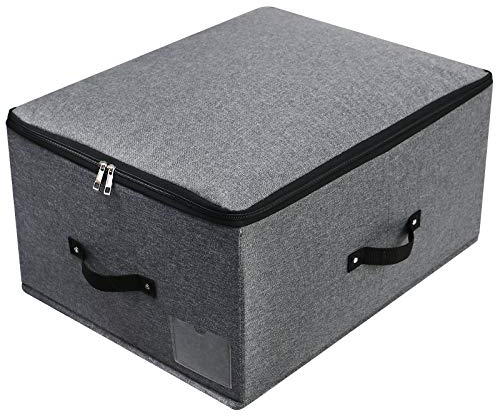 Omygarden Cubo de Almacenamiento Plegable con Tablero Divisor, 4 Asas, Tapa con Cremallera Mantas Ropa Colcha Caja de Almacenamiento para Dormitorio Armario Estante de Armario, 52x40x26cm, Negro Gris