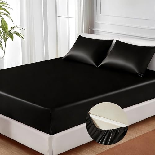 MR&HM Satin Fitted Sheet Queen Size with Elastic Corner Straps, Black
