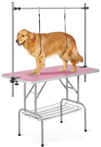 Yaheetech 46'' Pet Grooming Table for Large Dogs Adjustable Height - Portable Trimming Table Drying Table w/Arm/Noose/Mesh Tray Maximum Capacity Up to 265Lb -Pink