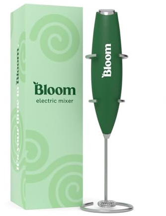 Bloom Nutrition Milk Frother Hand Mixer, Stainless Steel Electric Matcha Whisk, Handheld Mixer for Coffee, Greens, Protein & More, Battery Operated, Easy to Clean & Includes Whisk Stand