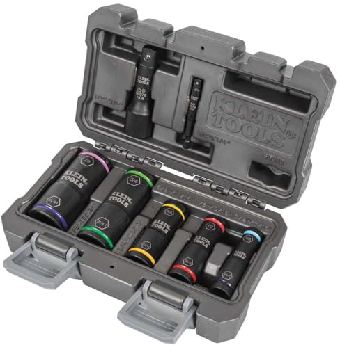 Klein Tools Juego de llaves de impacto – 5 enchufes, adaptadores hexagonales de 1/4 pulgadas y cuadrados de 1/2 pulgada, 7 piezas