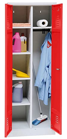 Schrank & Stuhl Mehrzweckschrank | Besenschrank mit Durchgehender Trennwand, Hakenleiste und 7 Fächern 180x80x50, Drehriegelverschluss, komplett montiert, Grau/Rot