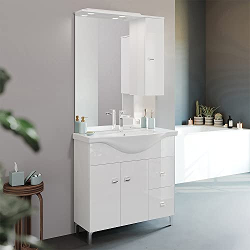 Inbagno Mobile Bagno a Terra 85 cm Bianco Lucido, Completo di lavabo e Specchio con pensile e Luce LED | Creta (85 cm)