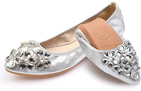 Aoikoy Damen Mädchen Hochzeitsschuhe Klassische Prinzessin Partei Schuhe Glitzer Flamenco Schuhe Slip on Flache Arbeitsschuhe Ballerina Geschlossene Flat mit Strass