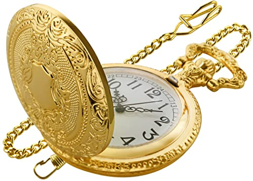 Tiong Gold Shield Men's Pocket Watch, Arabic Numeral Digital Scale Quartz Pocket Watch, Men's Quartz Pocket Watches with Chain