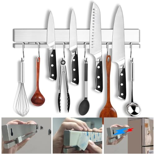 YIIYIIN 12 Premium 304 Stainless Steel Double-Sided Magnetic Knife Holder for Wall or Fridge -with Adhesive Strip, No Drill -6 Hooks Included for Kitchen Utensils