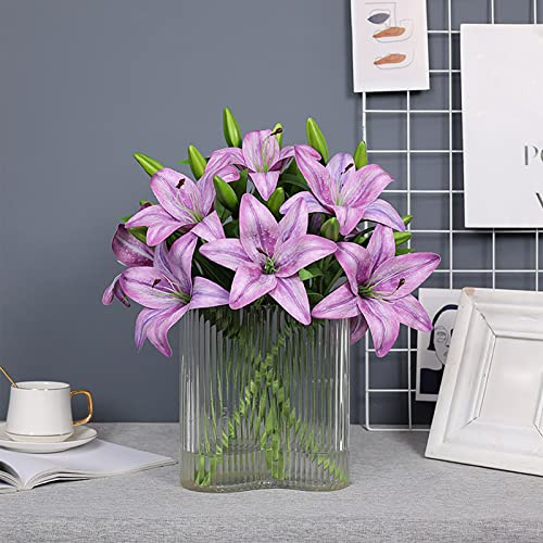 Fofetbfo 6 flores artificiales moradas de lirio de tigre de 38 cm con hojas verdes y tallo largo, flores artificiales de lirio de tacto real para ramos de boda, decoración del hogar