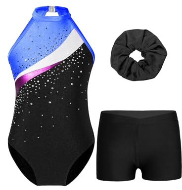 Oyolan Gymnastiktrikåer, barn, flicka, strass, tryckt, med shorts, gym, dans, skridskoåkning, träning, prestanda, kostym, show, 5–16 år, Färg: blå, 13-14 �r