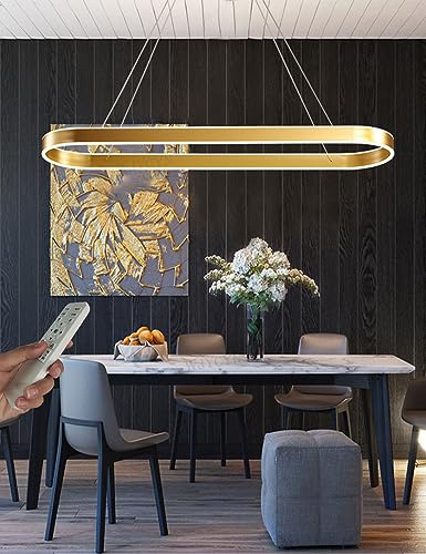 WJYCYN Dimmbar Oval LED-Kronleuchter Pendelleuchte moderner Esstisch Büro mit den Fernbedienung ring Hängelampe höhenverstellbar Blendfreesszimmer Arbeitszimmer Küche leuchte (Gold, L80cm 68W)