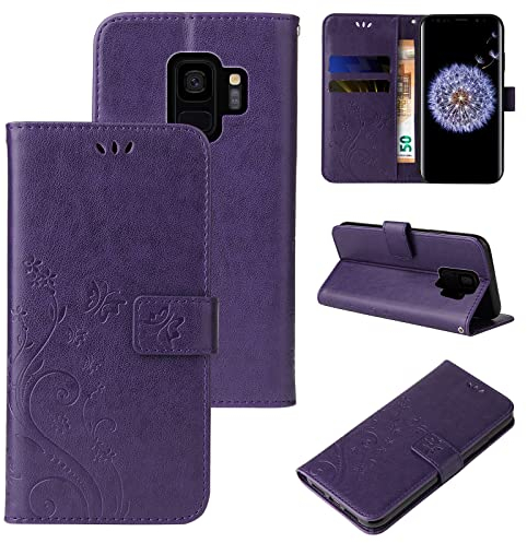 LBH Handy Hülle für Samsung Galaxy S9 Case Handytasche Schmetterling Blumen Flower Standfunktion Schutzhülle Magnet Rundum Schutz 360 Grad Flipcase Cover Violett