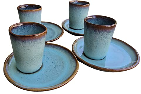 PintoCer - Juego de Tazas para Café Espresso en Ceramica de Gres sin Asa (Azul/Azul, 4)