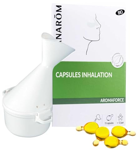 Pranarôm | Aromaforce | CAPSULES INHALATION BIO + INHALATEUR | Huiles Essentielles 100% biologiques | Dégage le nez | Santé respiratoire