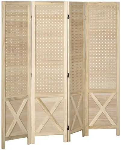 HOMCOM Biombo de 4 Paneles Separador de Ambientes Plegable 152x1,7x144,5 cm Divisor de Habitación de Madera con Pantalla de Privacidad Agujeros para Colgar para Oficina Dormitorio Salón Natural