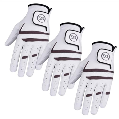 Sports Gear Ltd Paquete de 3 guantes de golf para hombre, 100% cuero Cabretta, agarre suave y cómodo, golfista zurdo y diestro, adecuados en todas las condiciones climáticas para entrenamientos/partid